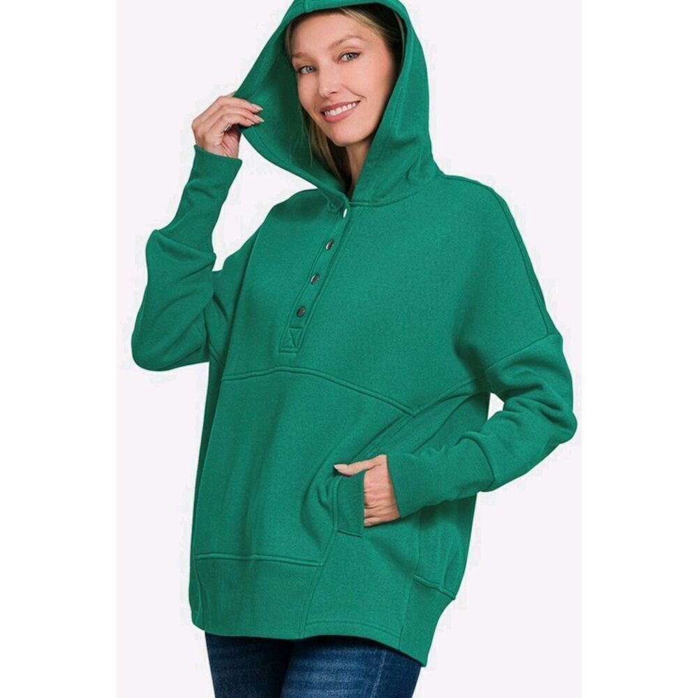 Zenana Half Snap Long Sleeve Hoodie with Kangaroo Pocket Women's Size Large